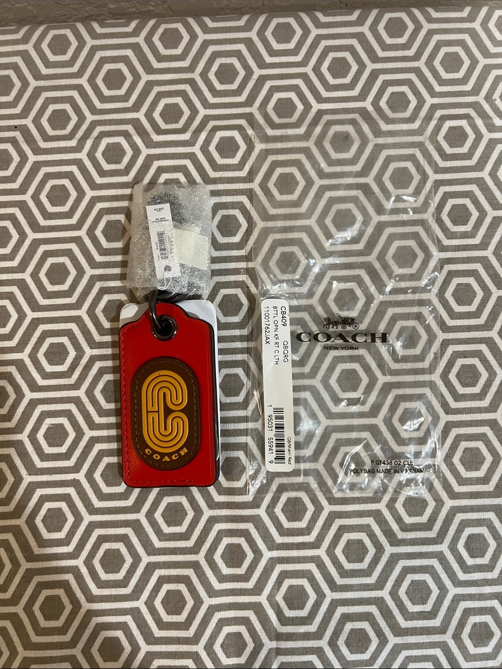 Coach Red Leather Bottle Opener KF RT C Keychain Tag with Yellow Logo Patch